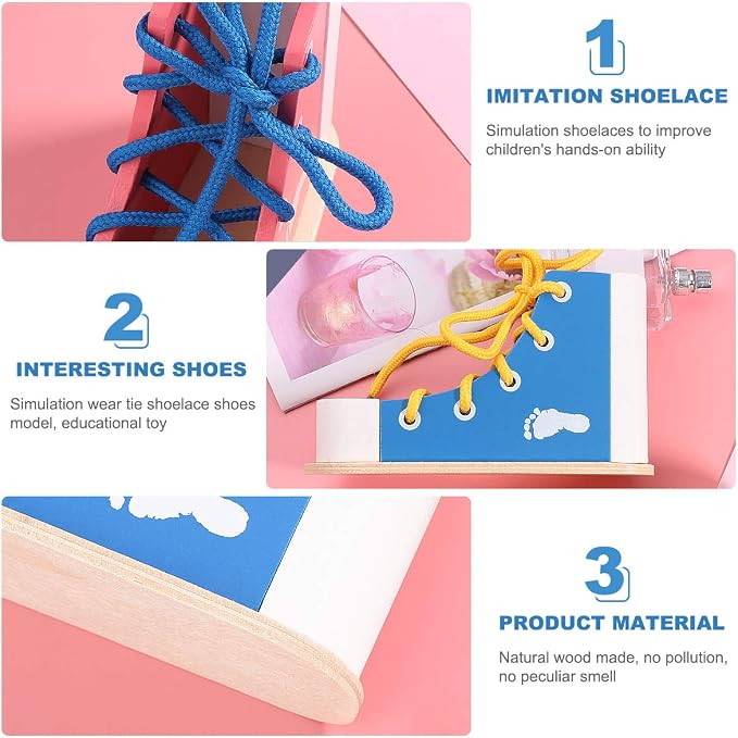 NUOBESTY Shoe Tying Practice for Kids Preschool Learning Toys Learn to Tie Shoes Tying Practice Board Early Educational Developmental Wooden Toy Toddler 2pcs