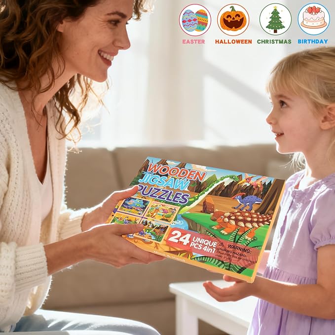 Wooden Puzzles Dinosaur Toys for Kids Ages 3-5, Set of 4 Packs with 24-Piece Wood Jigsaw Puzzles, Preschool Educational Brain Teaser Boards for Boys and Girls 3 4 5 6 Years Old