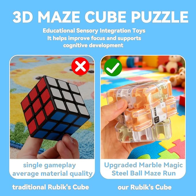 3D Cube Puzzle with Ball Track, Brain Teaser Logic Toy for Kids & Adults, Handheld Twist Challenge Cube for Spatial Reasoning, Easter Basket Stuffers for Boys Girls 8-12 Gifts(Blue)