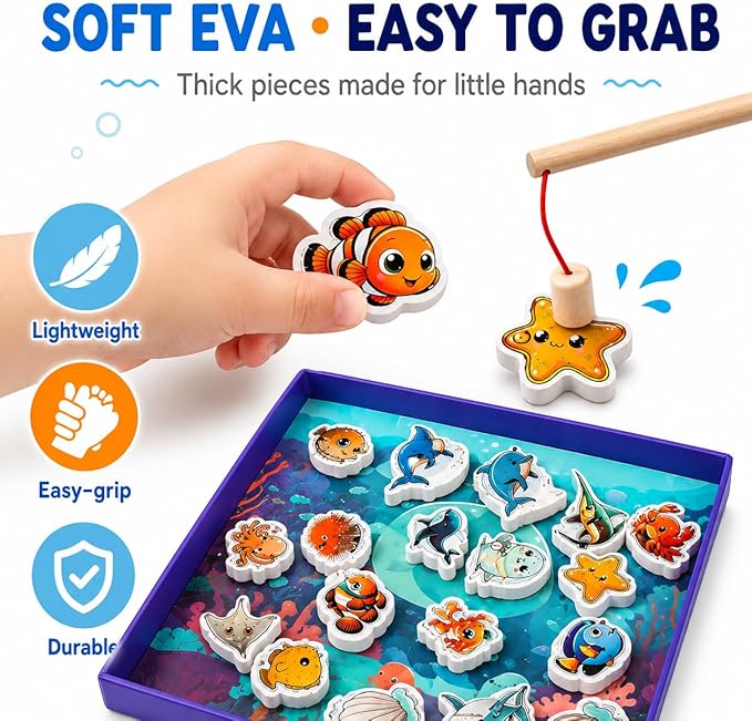 TRAVOFUN Magnetic Fishing Game | Travel Toys for Toddlers 3-5 | Magnetic fishing game with 2 poles and 27 ocean pieces for car rides, airplane activities, long flights, and quiet play.