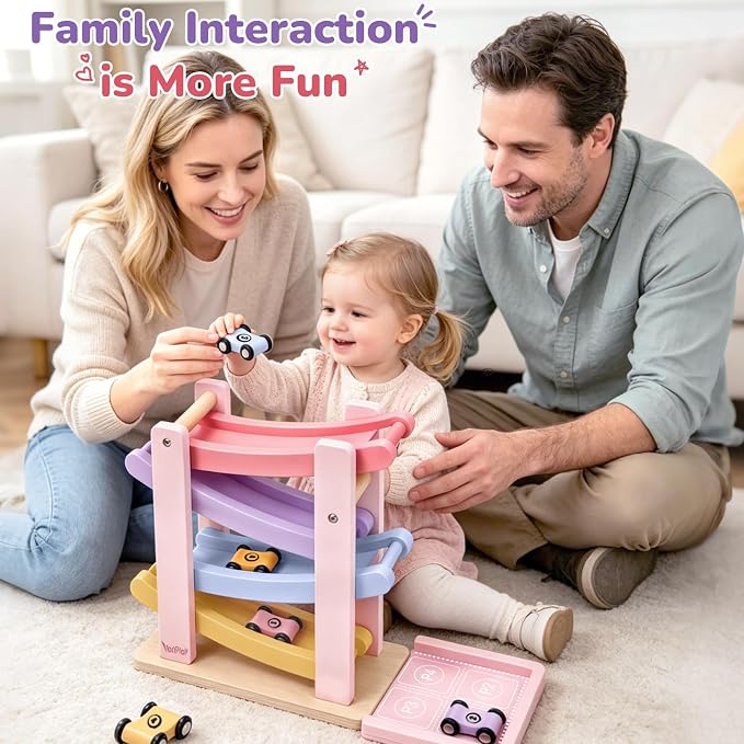 Vanplay Car Toys for 1 2 Year Old Girls Gifts, Car Ramp Toy for Toddler 1-3 | Pink & Purple Race Track Truck Toy, 4 Level & 4 Mini Cars, Fully Assembled, All Wood, One 1st Christmas Birthday Gift
