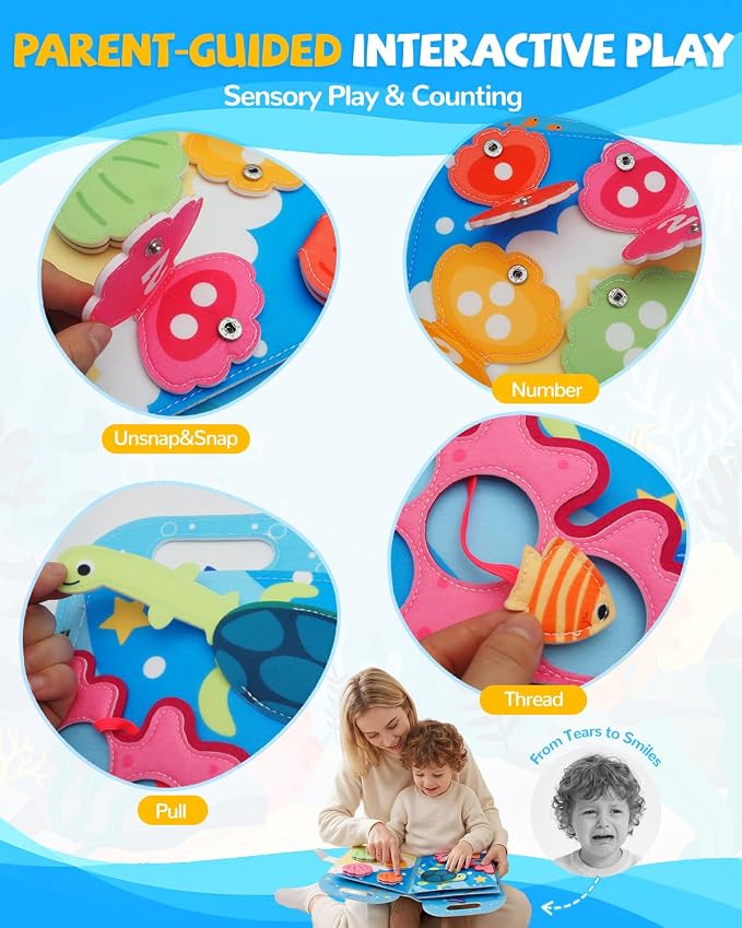 Busy Book for Toddlers 1-3, Busy Board for 1 Year Old, Quiet Books | Felt Activity Books for 1+ Year Old, Toddler Travel Toys, Boy Girl 1st Birthday Gift, Montessori Ocean Sensory Learning Board