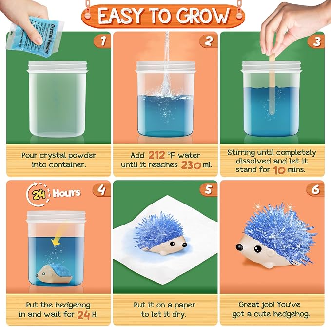 Crystal Growing Kit - 4 Vibrant Hedgehogs Fast 24H, STEM Gift for Kids 6-12 | Grow 4 vibrant hedgehogs in 24H. STEM science kit for ages 6-12. Educational DIY toy, great birthday gift for boys & girls.