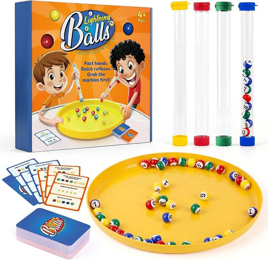 Kasfalci Lightning Balls – Fast Paced Marble Game for Kids Ages 4-8, 6 Game Modes Action Board Games with Color and Number Learning, Hand-Eye Coordination, Fine Motor Skills, Family Games, Kids Toys