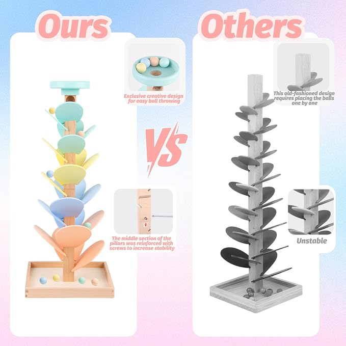Wooden Marble Run Ball Drop Montessori Toy 4-8 Boys Girls (Height: 20.5") | Kids Wood Music Tree Marble Ball Run Game 3-5 8-12 Years Old Learning Color Sorting Sensory Toys Birthday Gift