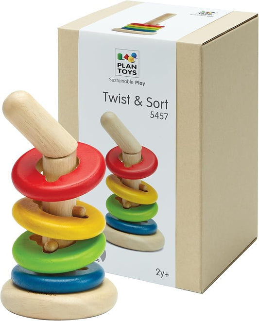 PlanToys® Twist & Sort Wooden Stacking Toy for Toddlers Ages 2+ Montessori | twistable rod colorful rings, wooden twist sort stacker, montessori fine motor toy, ages 2+ educational puzzle, toddlers kids