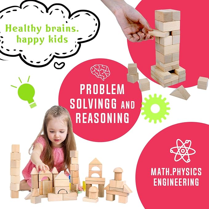 Migargle Kids Wooden Blocks - 80 Pcs - Stacking Building Blocks for Toddlers - Natural Beech Wood Blocks - Preschool Learning Toys for Kids Ages 3+