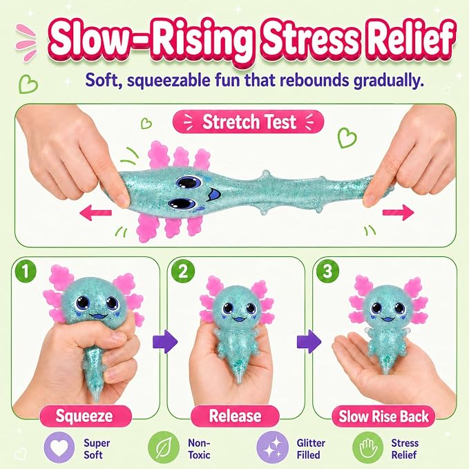 Axolotl Squishy Stress Ball, Soft TPR Slow Rising Squeeze Toy, Cute Axolotl Fidget Toy for Stress Relief, Anxiety Calming Sensory Toy for Kids Adults(Green BigEars Axolotl)