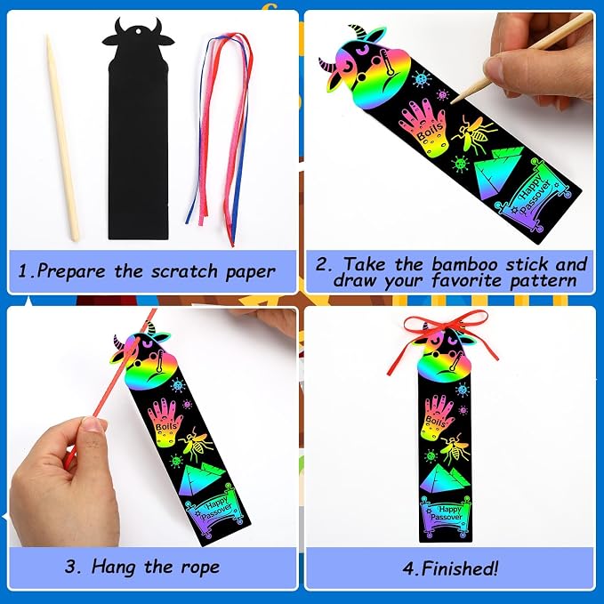 JUNEBRUSHS 30Pcs Passover Scratch Bookmarks, Rainbow Magic Scratch Paper Art Passover DIY Craft Kit for Students Classroom Activity Party Favors