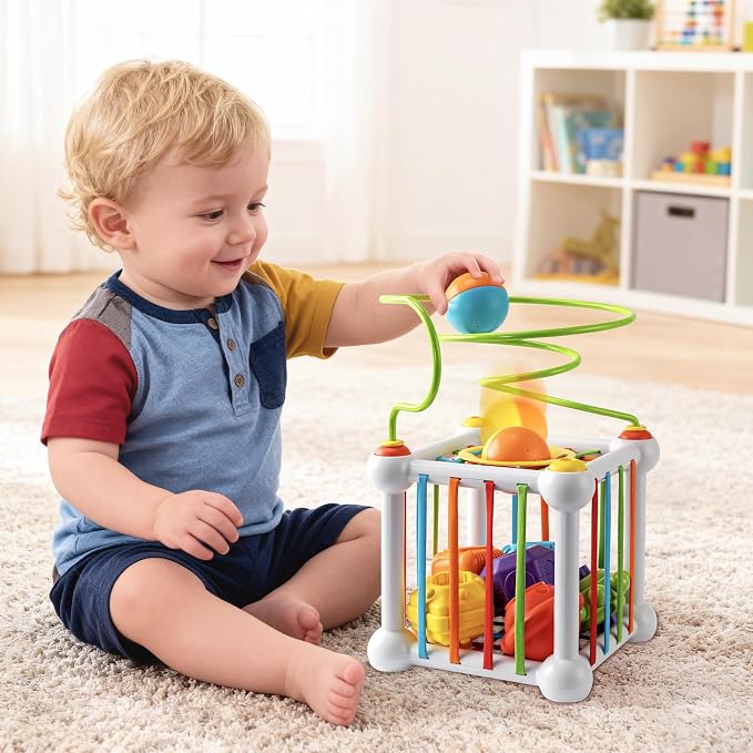 Montessori Sensory Cube Toy for Toddlers | Educational Activity Center with Elastic Sides, perfect Learning Birthday Gift for 18+ Months Baby