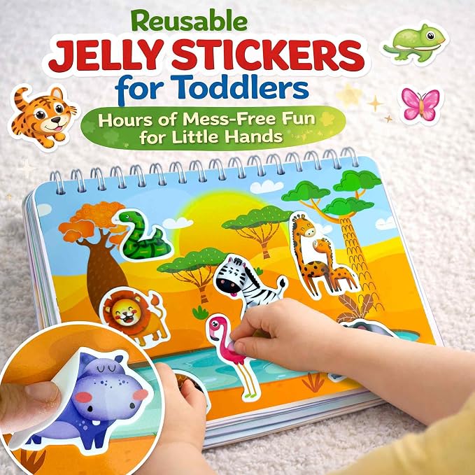 Jelly Sticker Books for Toddlers 3-5 - 40+ Reusable Stickers Busy Book | 10 Animal Topics - Waterproof Washable Toddler Activity Book - Learning Toys for Shapes, Colors, Matching, Animals