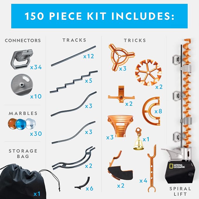 National Geographic Magnetic Marble Run 150-Piece Building Set for Kids | Magnetic Track, Trick Pieces, Marbles, Marble Maze, Engineering Toy, Creative Construction, STEM Project for Kids and Adults