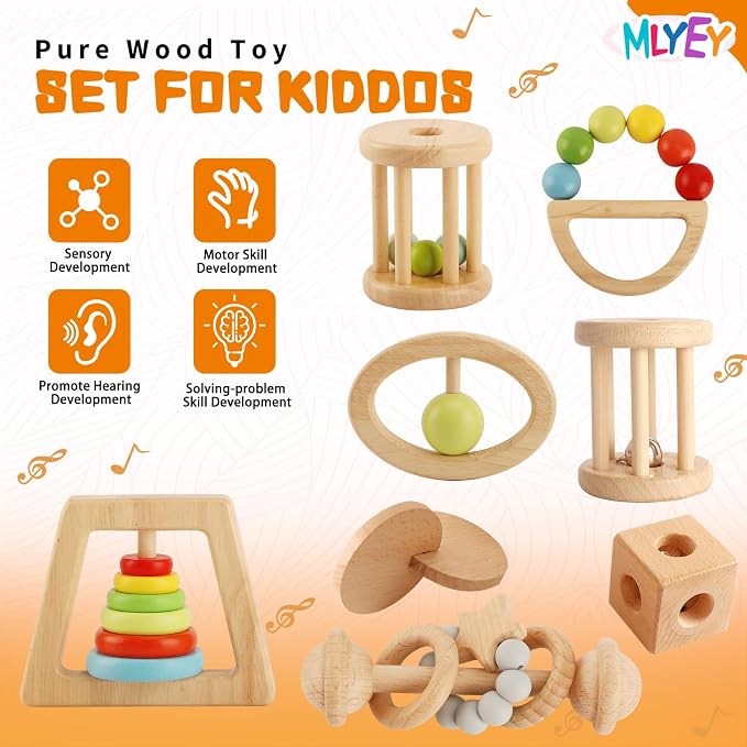 Wooden Baby Rattle, 8PCS Wooden Baby Toys for 7-24 Months Babies, Wooden Montessori Grasp Toy, Natural Beech Wood Baby Grip Toy, Wooden Rattles Toy for Infant Grasping (Colorful)