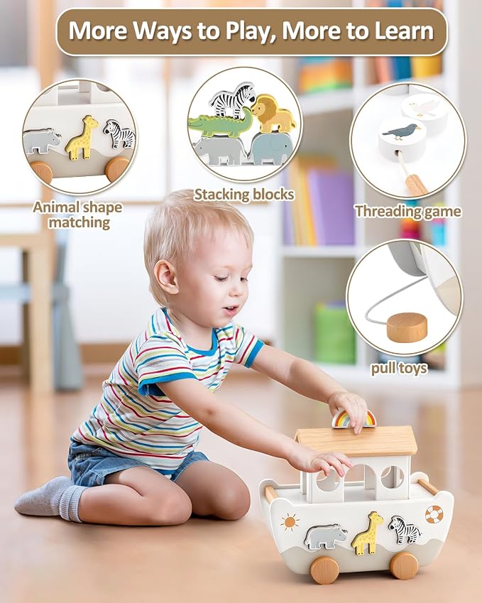 Wooden Noah's Ark Toy for Toddlers 1-3, Baptism Gift for Boys and Girls | Neutral Colors • Animal Shape Matching • Fine Motor Skills • Christian Faith Learning • Bible Story Learning