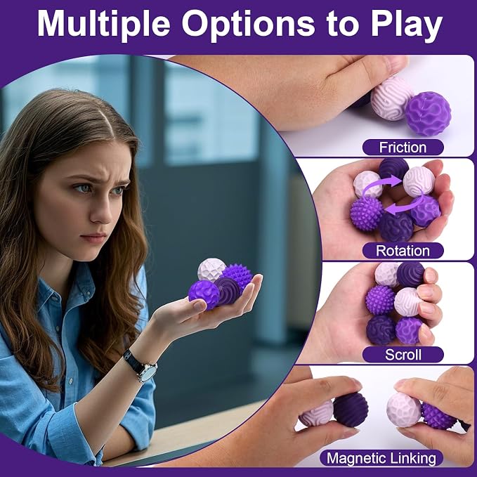 BUSOHA Silicone Magnetic Fidget Balls - 6 Pack Fidget Toys for Adult | Six Unique Textures Sensory Support,Quiet and Silent Stress Relief,Lightweight,Office,Travel,Anxiety,ADHD,Purple