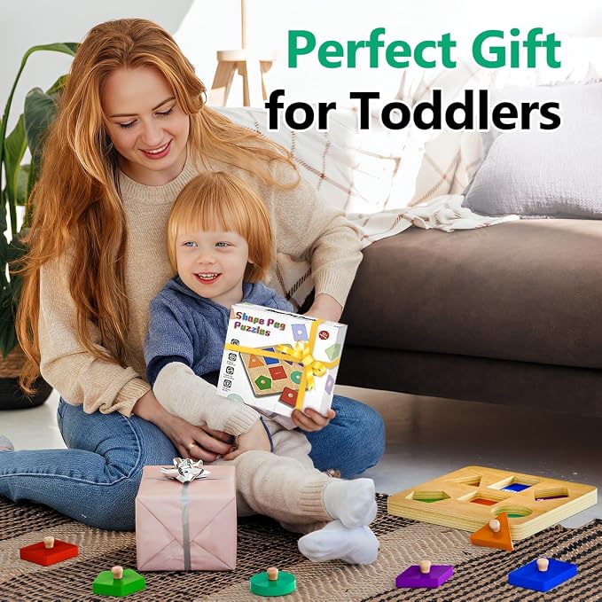 Wooden Shape Peg Puzzles for Toddlers 1 2 Year Old Boys Girls Gifts: Montessori Toys for 1 2 Year Old Toddler Learning Activities - Shape Sorter & Color Match Baby Puzzles 12-18-24 Months