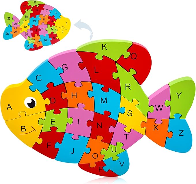 LovesTown Puzzle for Kids, Wooden, 3D Goldfish Shape | for Ages 3-5, Double-Sided, Alphabet Recognition, Number Counting, Fine Motor Skills, Montessori Educational Gifts