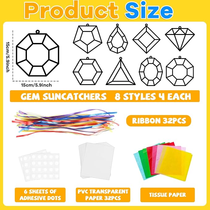 Lonfliness 32Sets Jewel Suncatchers Ornaments Kit DIY Window Stained Glass Effect Paper for Sun Catchers Craft Home Decor Creative Art Projects Activity Birthday Gift