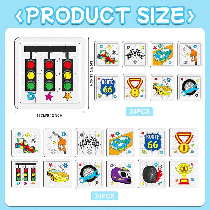 Cinrobiye 24 Pcs Race Car Coloring Jigsaw Craft Kit for Kids, DIY Racing Vehicle Activity Set Bulk with 12 Designs, Checkered Flag Birthday Party Favors, Classroom Art Projects