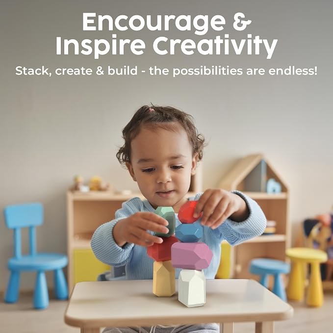 BUNMO Wooden Blocks 40 pcs, Non-Toxic Toddler Toys | Perfect as Sensory Table Stacking Rocks | Toddler Montessori Toys for Screen-Free, Hands-On Fun | Wood Blocks or Stacking Stones for Building
