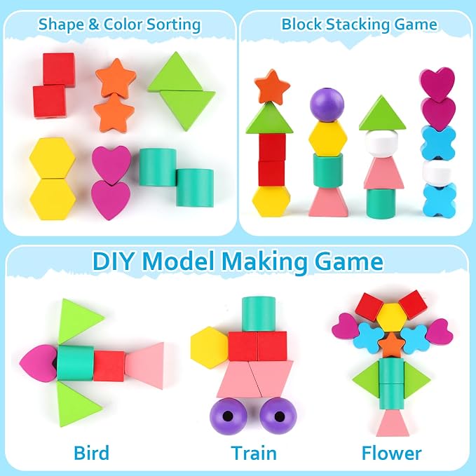 Vinlon Montessori Toddler Game Toys for Boys Girls 2 3 4 Years Old, Cute Animal Vivid Colors Shape Sorting & Stacking Toy Building Blocks Early Learning Educational Toys Easter Basket Stuffers