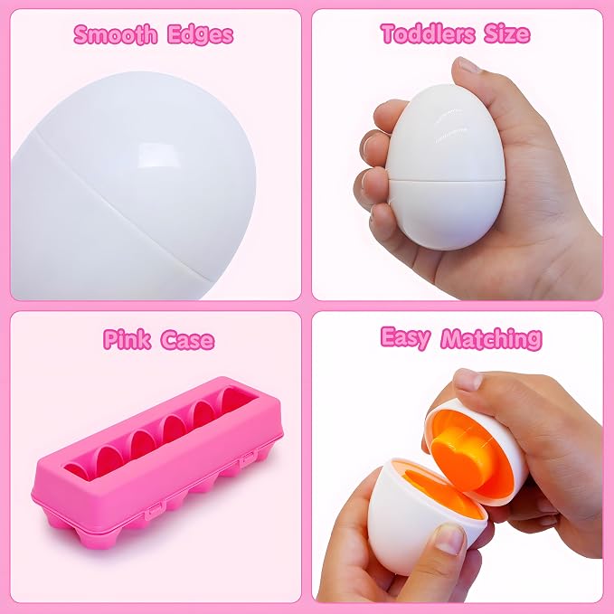 MOONTOY Montessori Matching Egg, 12PCS Color & Shape Recognition Toy for Toddler 2-3, Educational Learning Eggs Toy with Pink Storage Case, Easter Eggs Basket Stuffers Gift for 18M+ Year Old Girl Kid