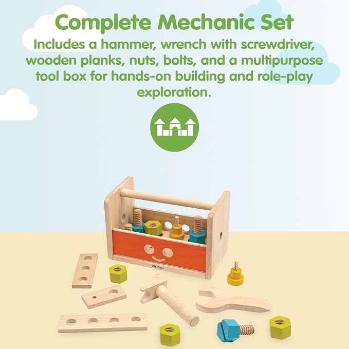 PlanToys Wooden Transforming Robot Tool Box with Wrench, Nuts & Bolts, Wooden Planks, and Shapes| Sustainably Made from Rubberwood and Non-Toxic Paints and Dyes | hammer, wrench, screwdriver, kids tool set, girls, boys, fine motor problem solving imagi...