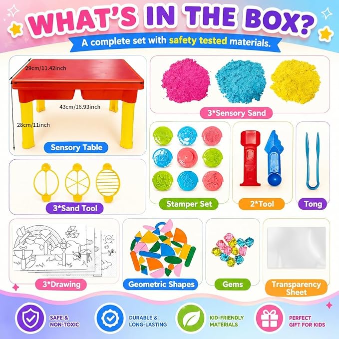 Carolart Sand Table, Indoor Outdoor Sensory Table Gift for Kids 3+ | Water Table for boys and girls, Standing sensory bin with sensory sand and tangram puzzle board