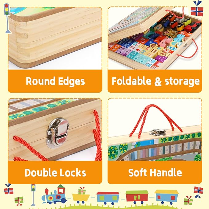 Adena Montessori Wooden Tabletop Train Set, Large, 3+ | Safe wood, 75 blocks + Train. Build tracks & city. Boosts motor, logic & creativity. Take-along tabletop. Gift 3+.