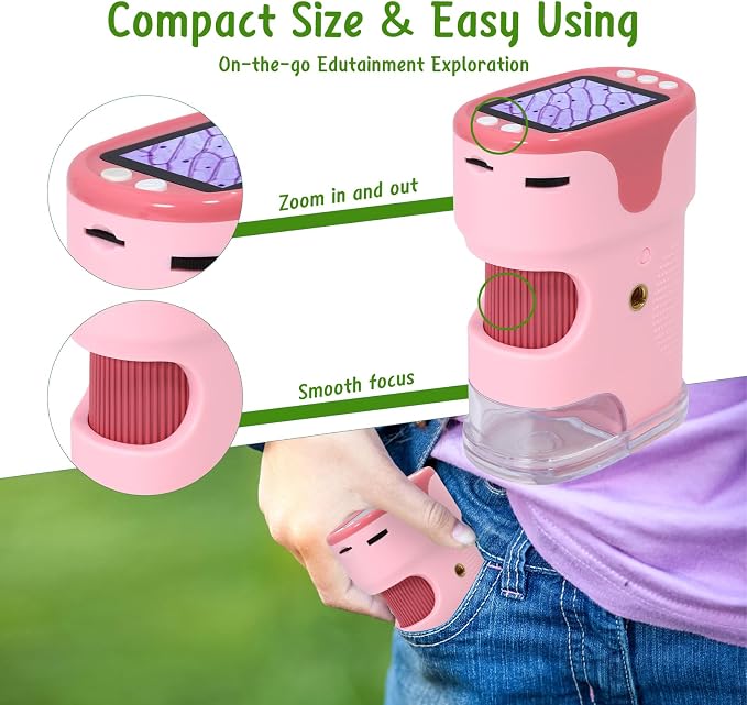 Handheld Digital Microscope for Kids with 2'' HD Screen, 200~1000X Pocket Microscope, Starter Kit with 6 Random Specimen Slides and 32G SD Card Included, Educational Gift for Children Age 6+ (Pink)