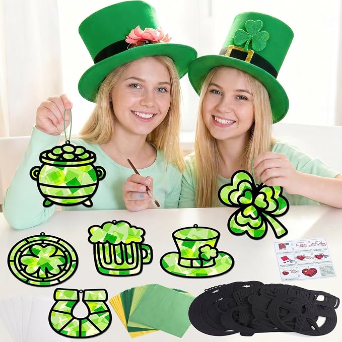 Qyeahkj 36 Set St. Patrick's Day Suncatchers Crafts for DIY Shamrock Window Tissue Paper Craft Kit Hanging Decor for St. Patrick's Day Home Activity Art Project Birthday Party Favor