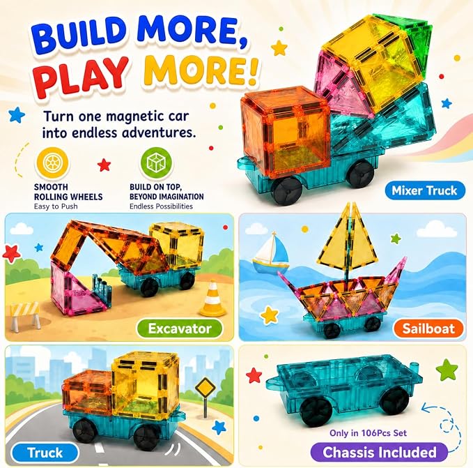 106-Piece Magnetic Tiles for Kids with Car, STEM Building Set | Standard 3-inch tiles, Encourages creativity, imaginative play, and early learning through hands-on exploration