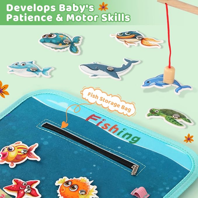 Toddler Busy Board for 1 Year Old, Montessori Toy Sensory Busy Book for Toddler 1-3 Fishing Game Fine Motor Skill, Learning Car Ride Airplane Activities Travel Essential 2-4 Birthday Gift for Boy Girl