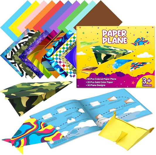 Pigipigi Kids 70 Airplane Origami Paper,Arts and Crafts for Kids Ages 5-12 | Beginners Origami Kit with 50 Airplane paper,Step-by-Step Guiding Book, DIY Craft Birthday Gift for Boys Girls ages 5-12