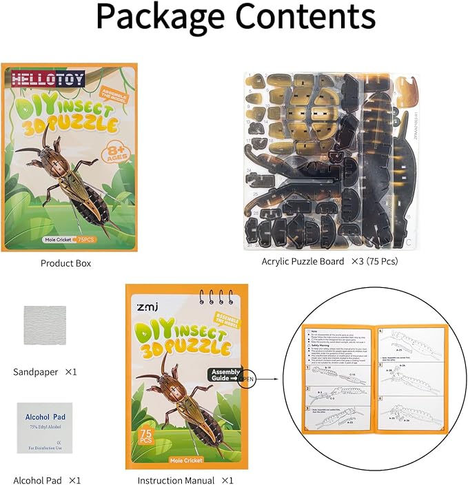 3D Acrylic Insect Puzzle DIY Bug Model Kit Animal STEM Gift | Building Kits Crafts Figurine Sculpture Nature Decoration Educational Display Toys for Kids Teens and Adults (Mole Cricket)