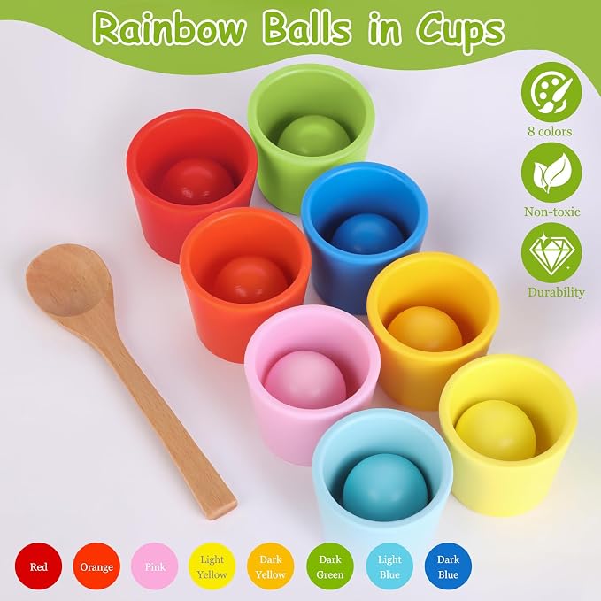 Rainbow Balls in Cups Toddler Montessori Toys (8 Balls, 1.4 in) | Color Sorting Toys for Toddlers for 3 Year Old Up, Learning Color Sorting and Counting, Kids Preschool Wooden Matching Games