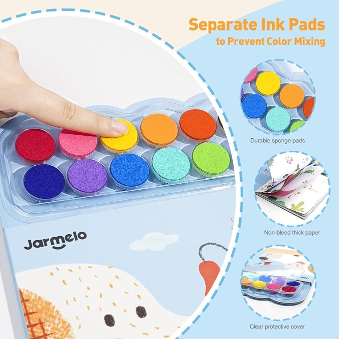 Jar Melo Fingerprint Coloring Book for Kids, 12 Colors Ink Pad Handprint Coloring Book, Preschool Art Learning, Travel Activity for Kids 3+