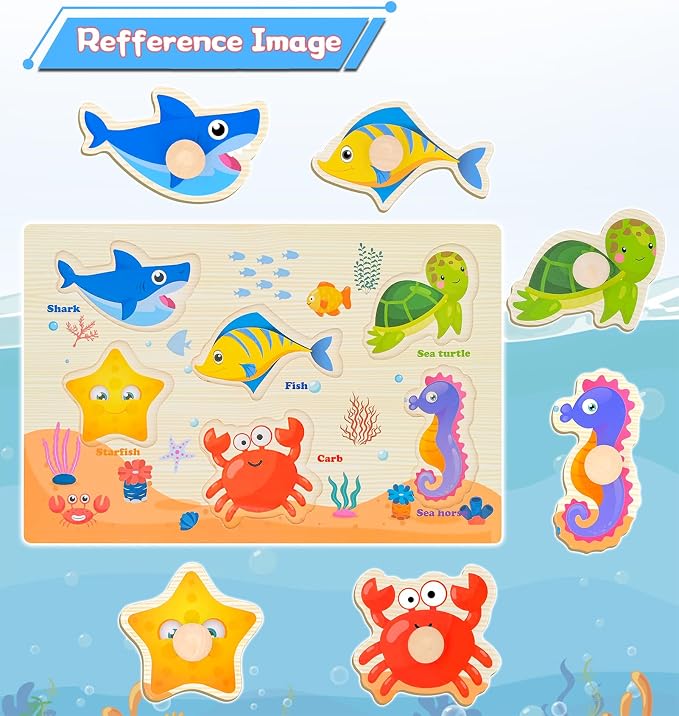 Wooden Peg Puzzles for Toddlers,Montessori Toddler Jigsaw for Child,Fine Motor Skill Learning Puzzle Toys for Baby Boys Girls Gifts-3 Pcs Shape,Farm,Sea Animal
