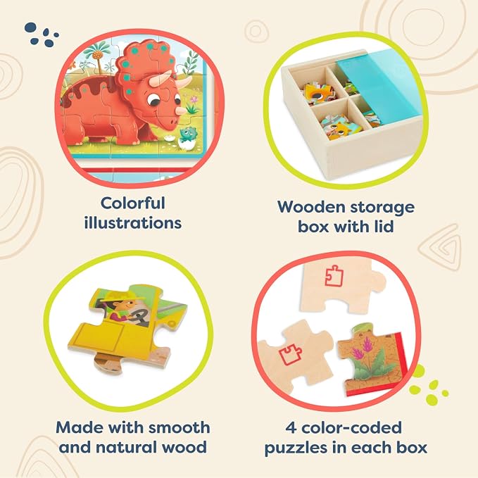 B. toys Wooden Jigsaw Puzzle Set, Pack o' Puzzles 3-Pack Storage, 3 Pack | 12 wooden 12-piece puzzles with pets, dinos and trucks in 3 sturdy storage boxes; color-coded backs for sorting; 3+ Years