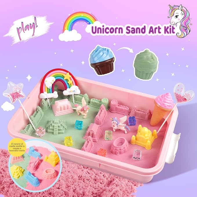 Weilim Unicorn Sensory Bin for Girls, Moldable Play Sand Kit Ages 3-8 | Non-Drying Moldable Sand, 2.3 lbs/2 Colors; 30-PC Kit: Molds, Tools, Wand, Lidded Bin; Won't Stick to Carpet, Easy Cleanup