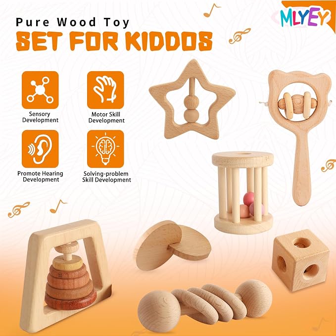 Wooden Rattles for Baby, 7PCS Wooden Montessori Toys for 7-24 Months Baby Boy Girl, Natural Beech Wood Grasping Toy, Gift for Babies