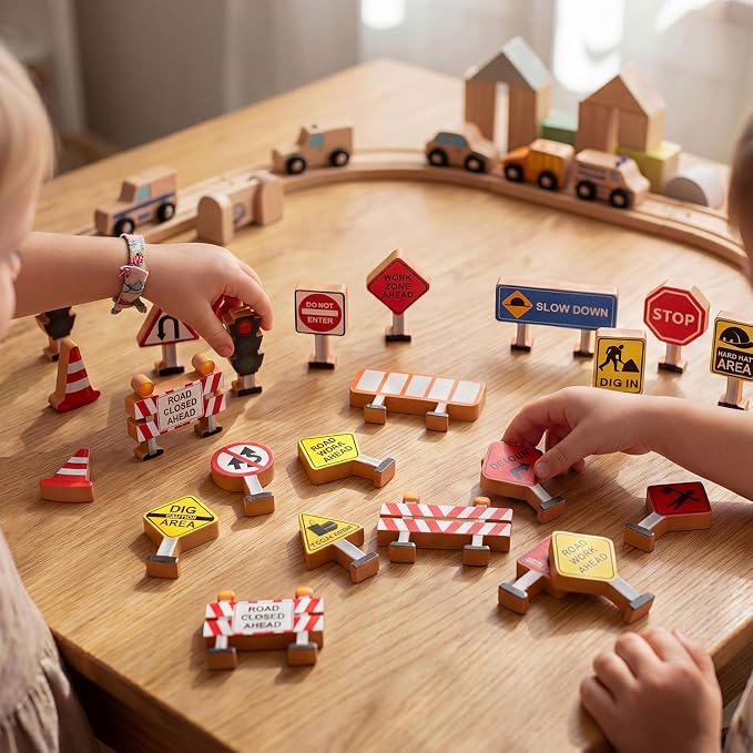 Blosssound 26 Pcs Wooden Toys for Preschool Classroom Construction Signals | Wooden Toys Set for Dramatic Play Center, Pretend Games for Kids Classroom, Educational Blocks