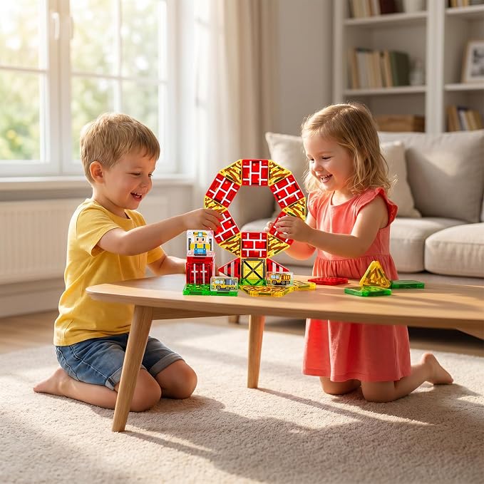 42PCS Mini Magnetic Tiles Toddler Travel Toys for Boys 3-5 Year Old Gifts | Construction Theme, Portable Metal Case, Kids Travel Essentials for Airplane, Car & Road Trip, STEM Preschool Learning Toys