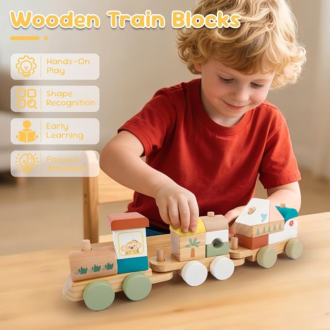 FReniland Wooden Montessori Train Set, 18PCS Wooden Building Blocks Train Toy for Toddlers 1-3, Stacking Learning Toy, Fine Motor Skills Preschool Educational Gift for Boys Girls