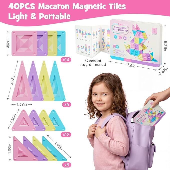 burgkidz Magnetic Tiles Travel Set: 40Pcs Pastel Macaron Portable Tin Case | Ultralight Tin Box Serves As Building Base, 45+ Mins Quiet Play, Fits Lap Tray for Airplane Trips, STEM Toy for Kids Ages 3+