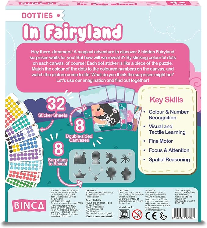 BINCA Dotties Dot Art Activity Kit, 1500+ Stickers, 8 Unicorns & Princesses Mess-Free Activities, DIY Dot Sticker Art, Kids Travel Activities, Gifts for Girls Ages 4,5,6,7