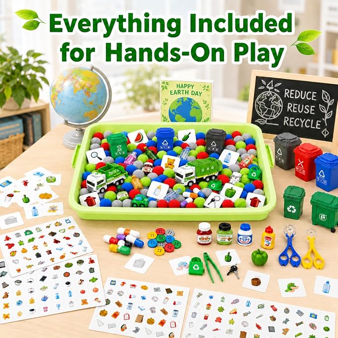 Cinrobiye 163 Pcs Recycling Sorting Activity Set, Earth Day Learning Game with Sorting Bins, Classification Cards and Fine Motor Activities for Preschool Classroom, STEM Educational Learning Supplies