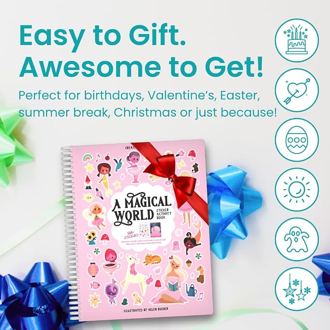 Cupkin A Magical World Coloring & Sticker Activity Book | 500+ Stickers | Spiral-bound kids craft format with 12 scenes, 12 art pages, side-by-side viewing, and an easy-peel design for ages 2–8