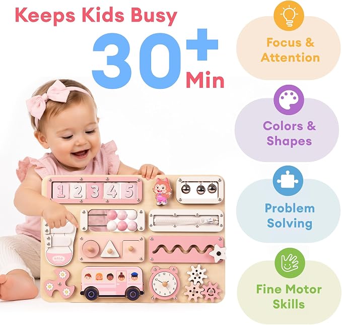 Large Montessori Busy Board for Baby & Toddlers 1-3 — 17-Inch Wooden Sensory Activity Board — Fine Motor Skills & Early Learning Educational Toy for 1 2 3 Year Old, Travel Friendly & Safe