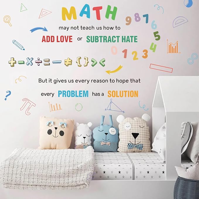 LHIUEM 2 Sheets Large Math Quotes Wall Decals,Inspirational Mathematics Wall Stickers,Big Geometry Symbols Stickers,Fun Math Decals Blue Orange Colors,Full Algebra Posters for School Classroom Nursery